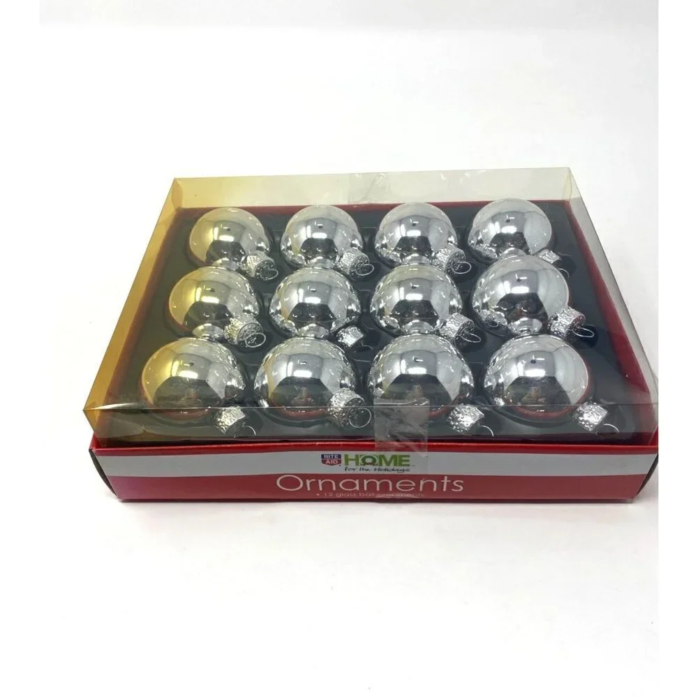 Vintage Rite Aid Glass Ball Christmas Ornaments 12 Silver Tree Decorations